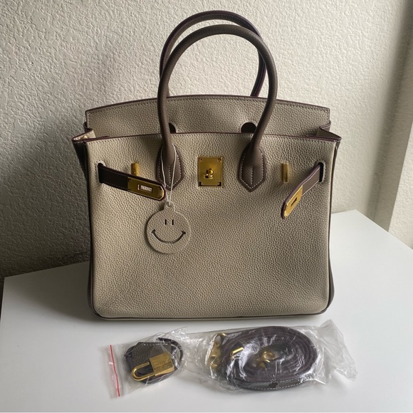 Structured Colorblock Brown Etoupe 30 BK Lock Key Satchel Bag Crossbody C6-1/CT - Picture 7 of 13